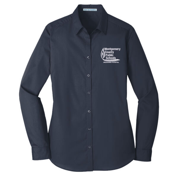 Port Authority Montgomery Public Schools Embroidered- - Women's Long Sleeve Carefree Poplin Shirt Thumbnail